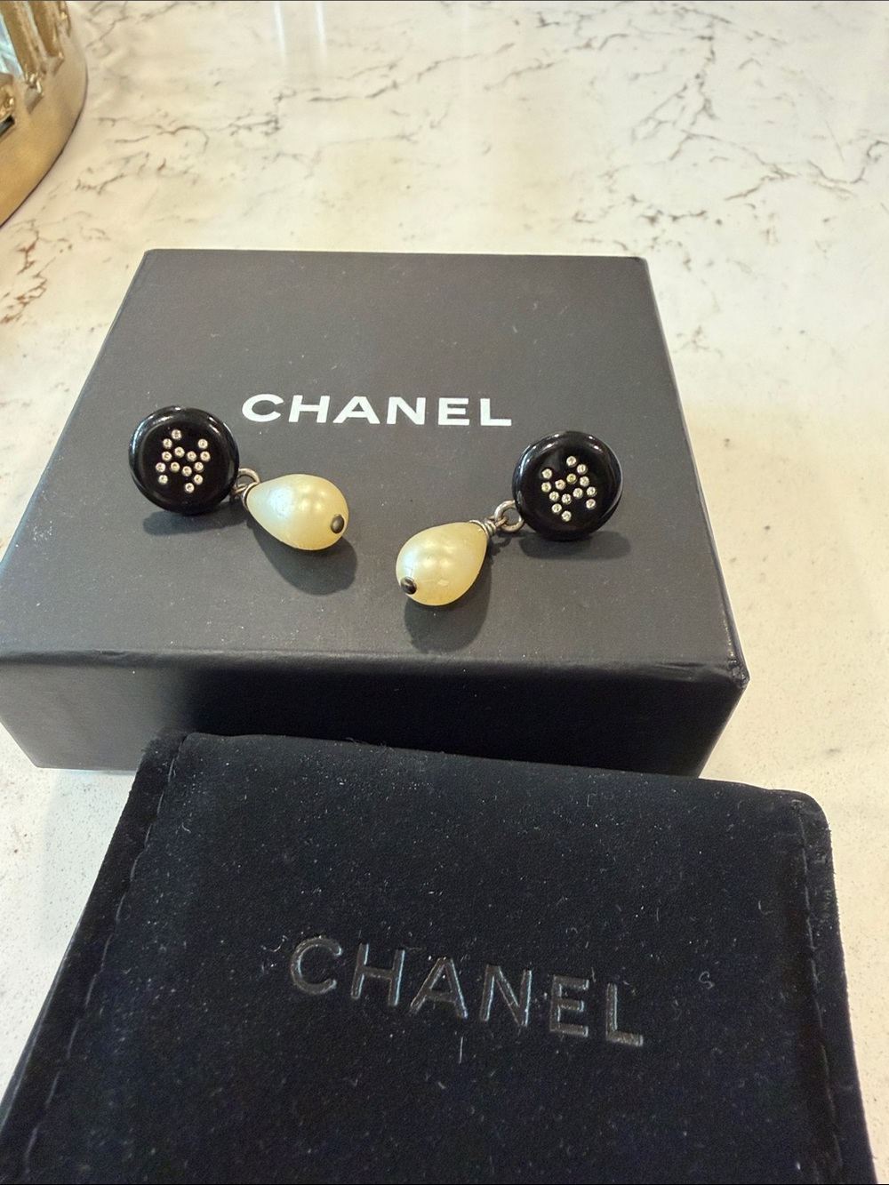 CHANEL Black Button and Cream Teardrop Pearl Drop Earrings